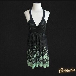 Y2K / 2000s HALTER DRESS 🗝️🌿Black and green floral halter dress